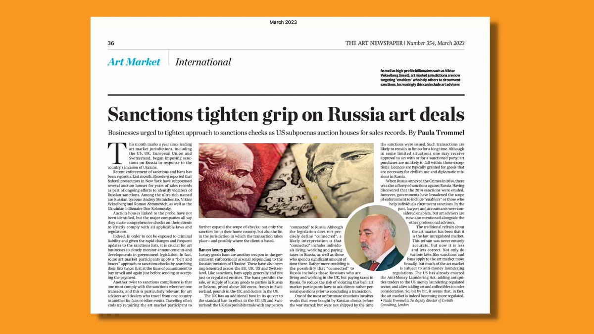 fcs_compliance's tweet photo. Do sanctions and bans apply to all #ArtMarket transactions, or just those subject to #5MLD? An expensive misunderstanding many art dealers suffer. Read Paul Trommel's (@corintheCG and @fcs_compliance) article in @TheArtNewspaper explaining sanctions and bans compliance. https://t.co/nOi8MF6DyD
