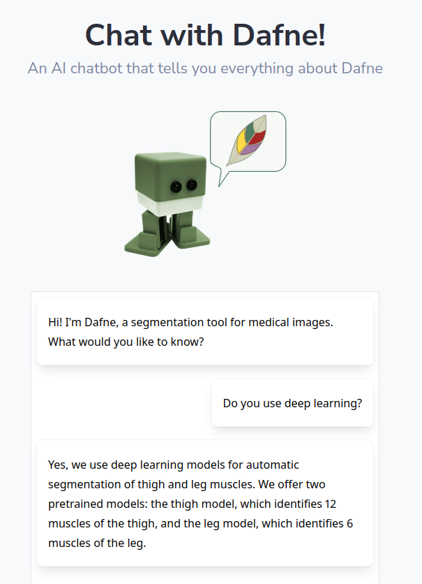 🤖 Want to know more about #Dafne, our medical image segmentation tool based on federated learning? Ask #DafneBot! An AI chatbot that knows everything about Dafne! 🤖

Try it here: dafne.network/chat/
Or read the Dafne paper: arxiv.org/abs/2302.06352