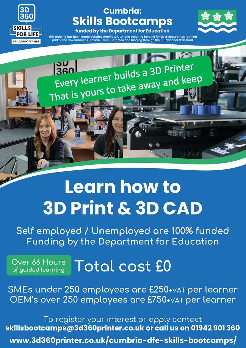 Fully funded #SkillsBootcamps upskill training in #3DPrinting #3DCAD #AdditiveManufacturing & #DigitalManufacturing. Sign up before 27/03 to access funding #JobSeekers #cumbria #digitalupskill #cheshire 
@JCPinCumbria 
@cumbrialep 
@cumbriachamber 
@CumbriaJobs 
@CumbriaJobsUK
