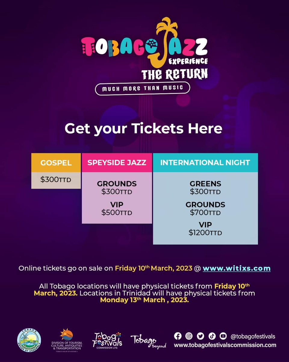 DTACITHA's tweet photo. The wait is over! Tickets for the Tobago Jazz Experience 2023 go live today and online @ https://t.co/ghsNyrsldc
Gospel Night - April 20
Speyside Jazz - April 22
International Night - April 23
#TobagoJazzExperience2023 #TJE2023 #MuchMoreThanMusic #TobagoFestivals https://t.co/5FoFz5HnD8