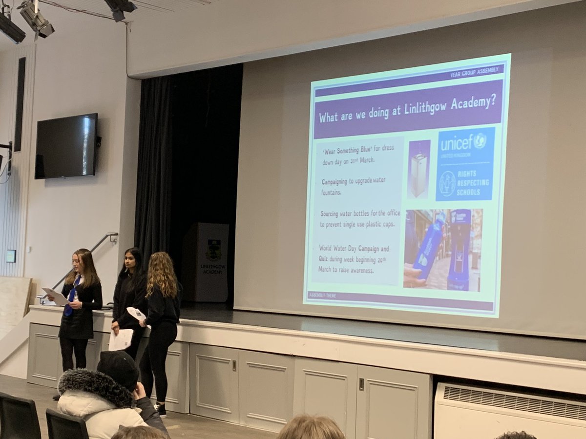 Huge well done to E, R and S who kicked off our World Water Day campaign with an excellent S1 Assembly!  Your presentation was fantastic!  Watch this space for more World Water Day events! <a href="/LAHumanities_/">Linlithgow Academy Humanities</a> <a href="/Linlithgow_Acad/">Linlithgow Academy</a> <a href="/UnicefSchools/">Unicef UK Rights Respecting Schools</a> #WorldWaterDay
