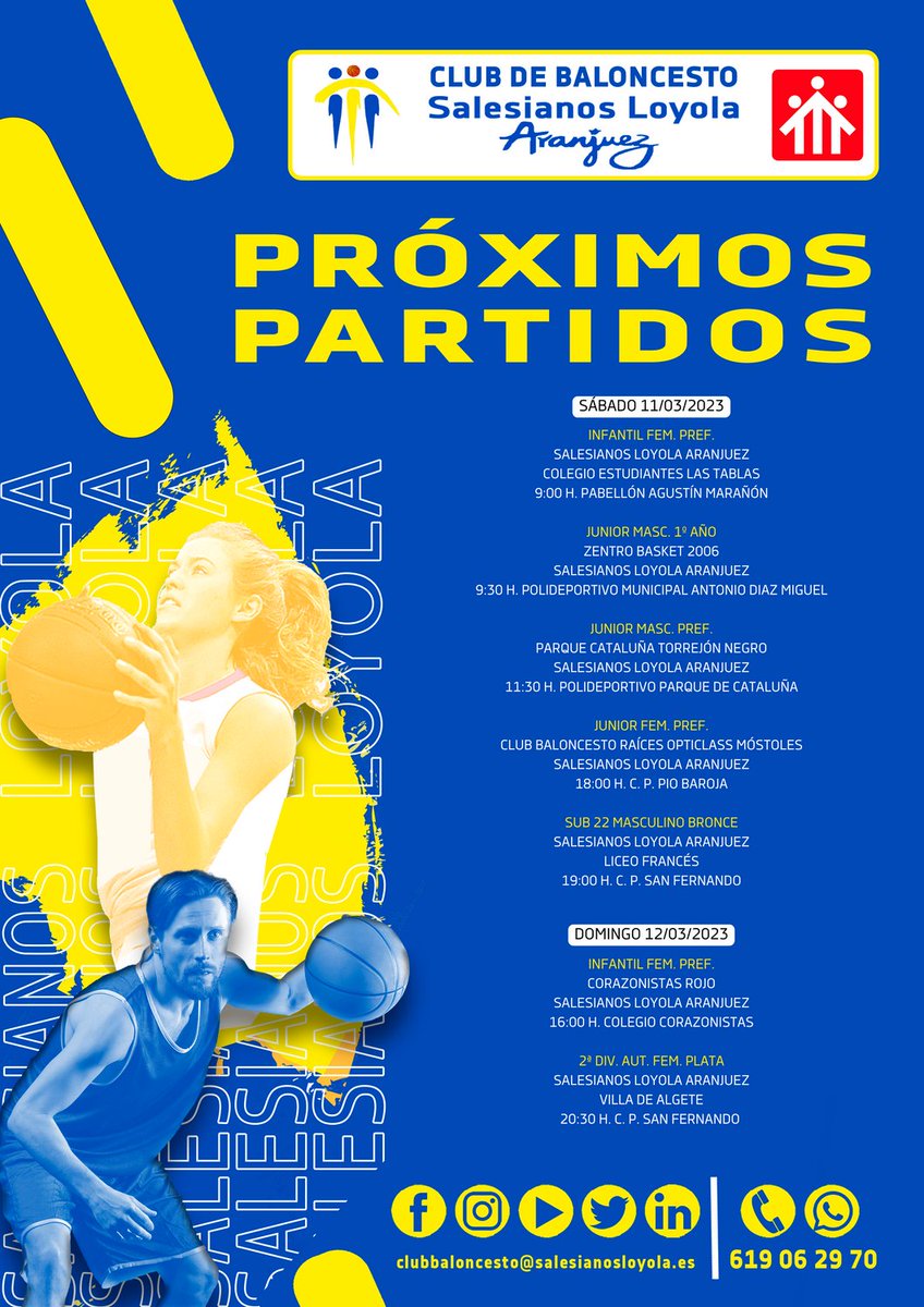 aranjuezspartan's tweet photo. Éstos son los encuentros de este fin de semana. ¡A por ello! 💪🏀
#123Loyola #Club #Baloncesto #Salesianos #Loyola #Rubiocar #SolucionesCriogenicas https://t.co/nTOURXmCef