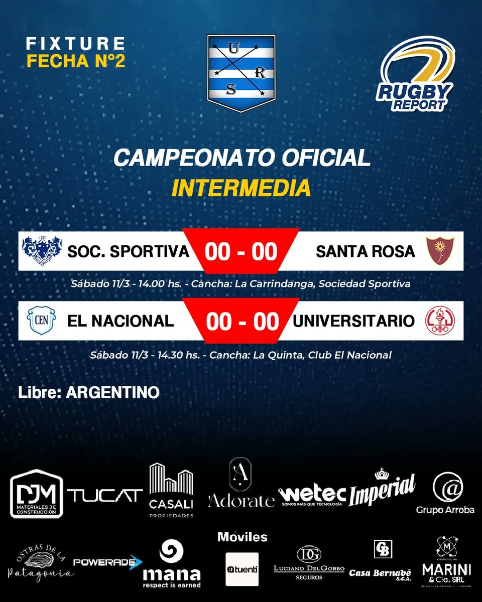inforugbyreport's tweet photo. #OficialURS Se va la segunda 🏉 Fixture y posiciones

Sábado a full desde el mediodía, en la QUINTA del CELESTE y en LA CARRINDANGA , tres categorías, #PrimeraDivisión, #Intermedia y #Preintermedia, seis equipos, una ilusión

No te lo podes PERDER‼️

@SocSportiva vs @SantaRugby https://t.co/sUkH3Y0Ege