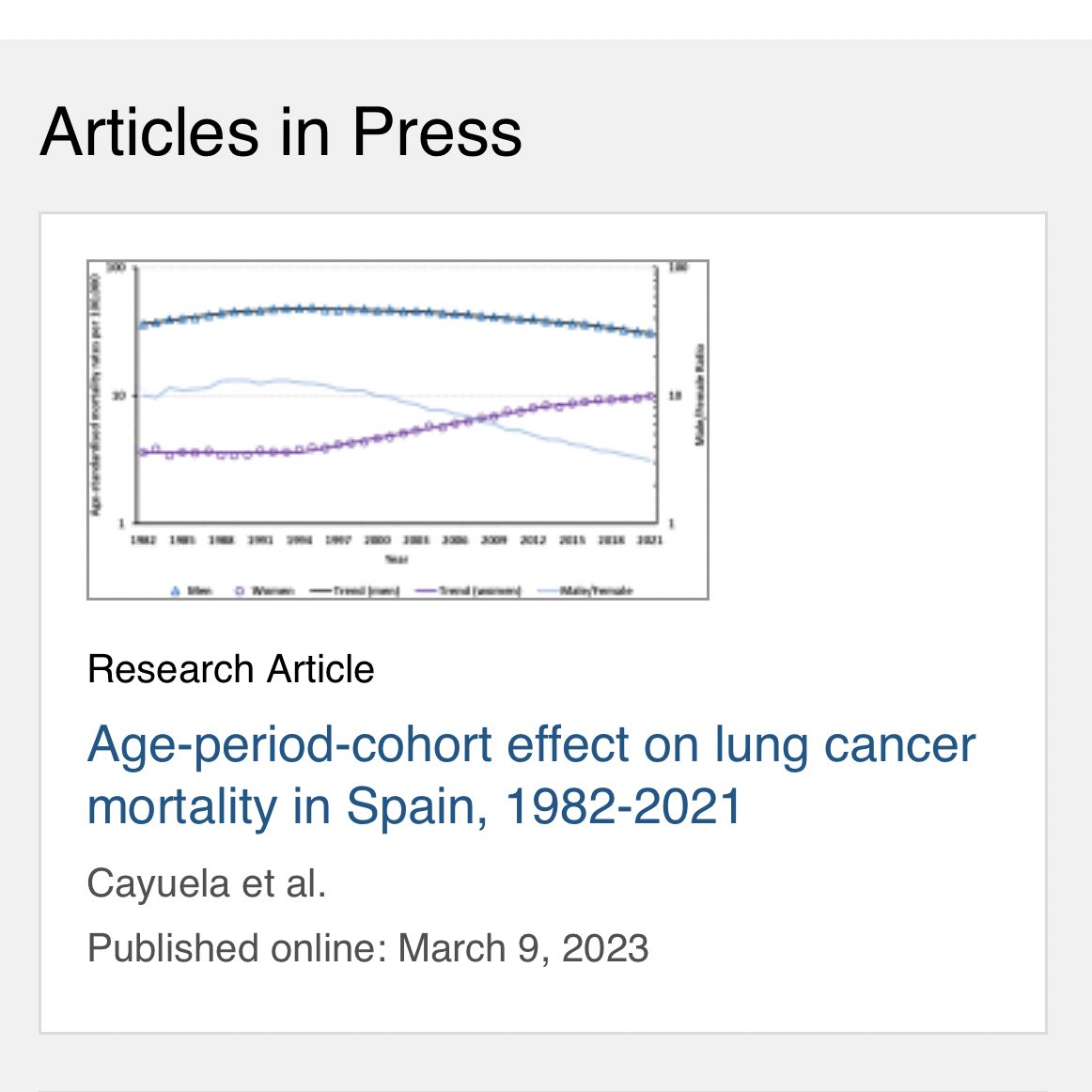 Lung Cancer Journal (@lungcajournal) on Twitter photo Age-period-cohort effect on lung cancer mortality in Spain, 1982-2021 
#LCSM 🇪🇸
lungcancerjournal.info/article/S0169-… Age-period-cohort effect on lung cancer mortality in Spain, 1982-2021 
#LCSM 🇪🇸
lungcancerjournal.info/article/S0169-…