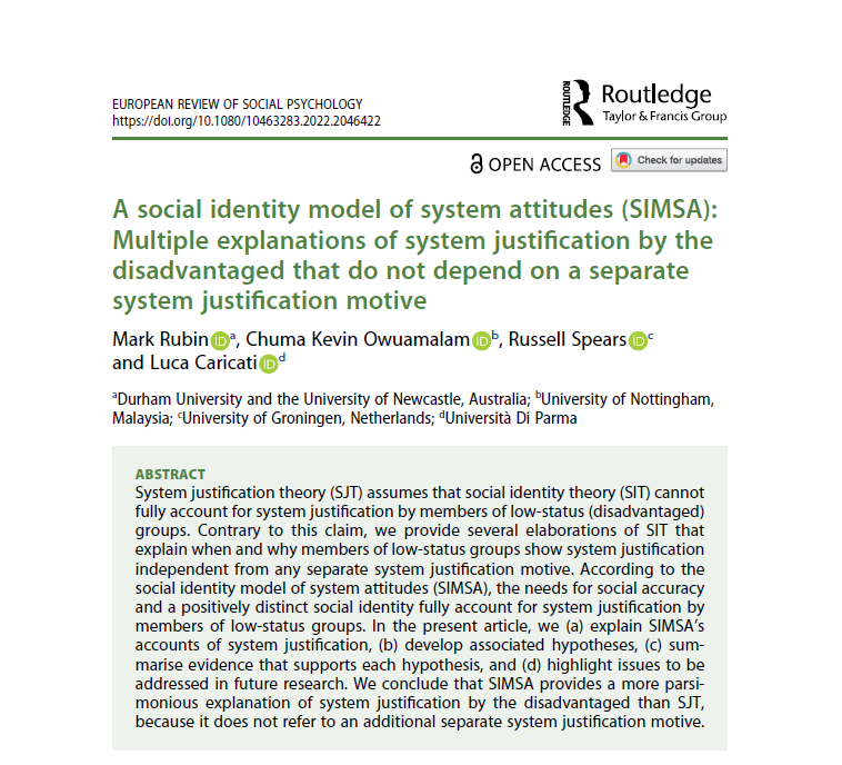 People often support and justify social systems, even when those systems disadvantage them. Why? In this new review article, we address this question using a social identity model of system attitudes (SIMSA). Open access: doi.org/10.1080/104632… #SJT_vs_SIMSA 🧵👉 1/9