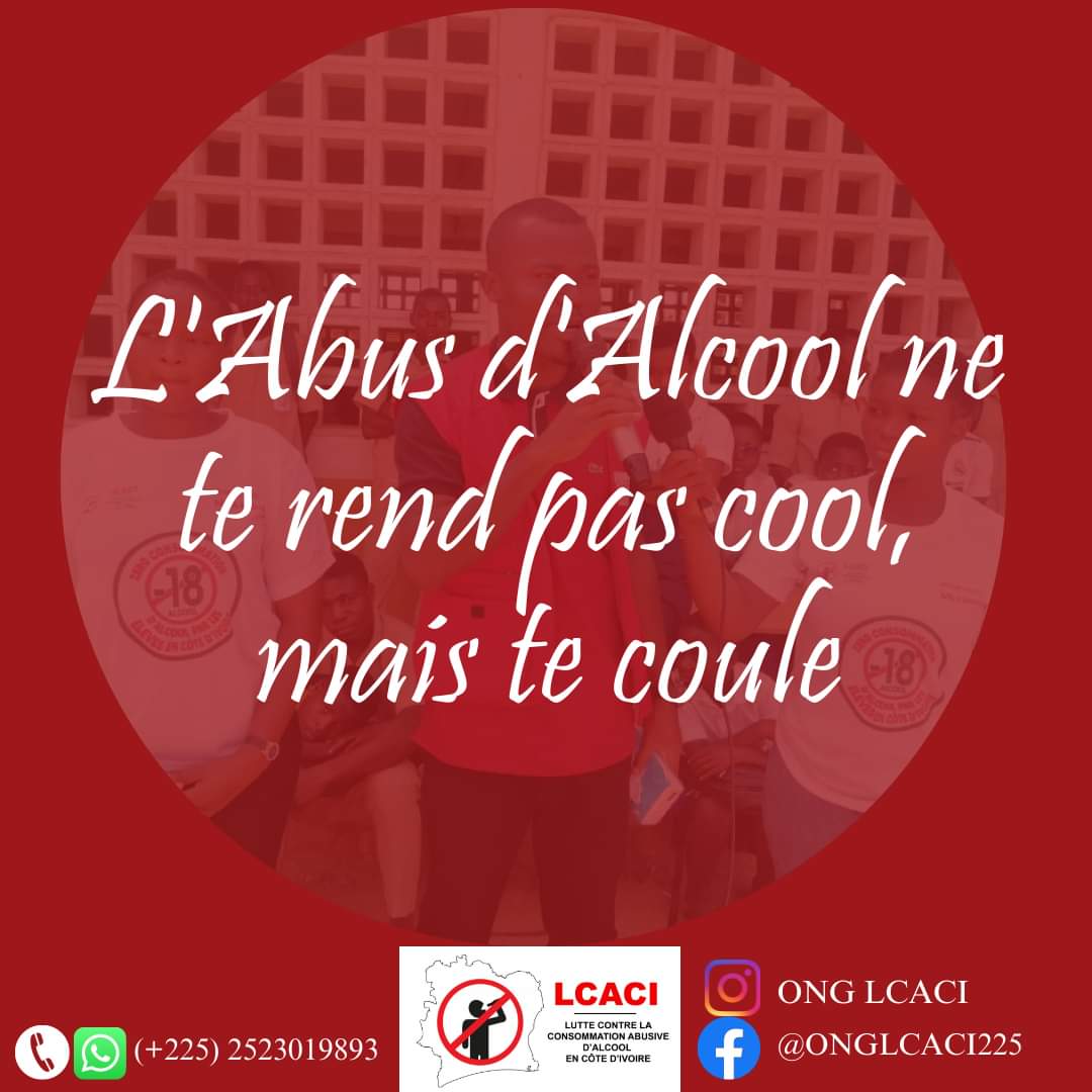 OngLcaci's tweet photo. L'Abus d'Alcool ne te rend pas cool, mais te coule.

#abus #alcool #pascool #tecoule

📞/WhatsApp: (+225)2523019893 https://t.co/AjzB2s0ARp