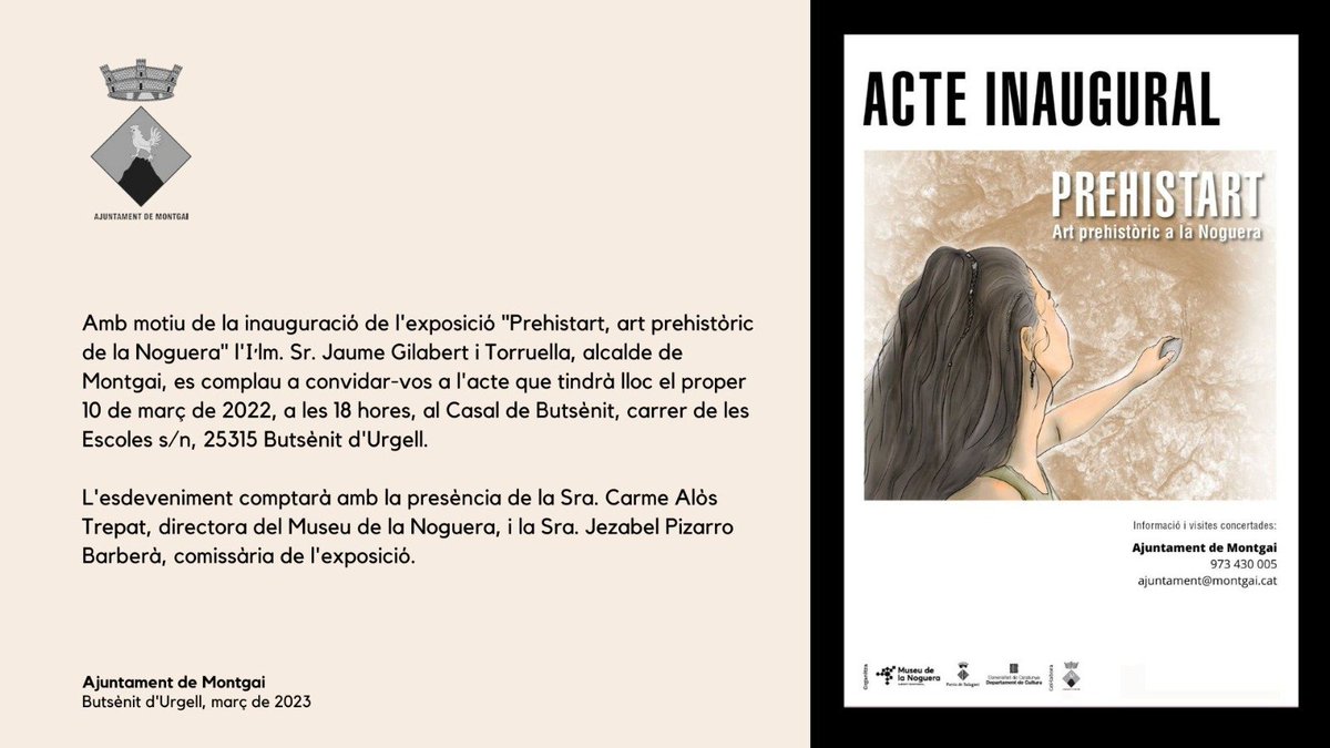 🔸Aquesta tarda s'inaugura l’exposició itinerant “Prehistart, art prehistòric a la Noguera”, al Casal de Butsènit d'Urgell.

🗓️ Divendres 10 març
🕧 6 de la tarda

Tothom hi és convidat‼️

#MSTNoguera #MuseuSuportTerritorial