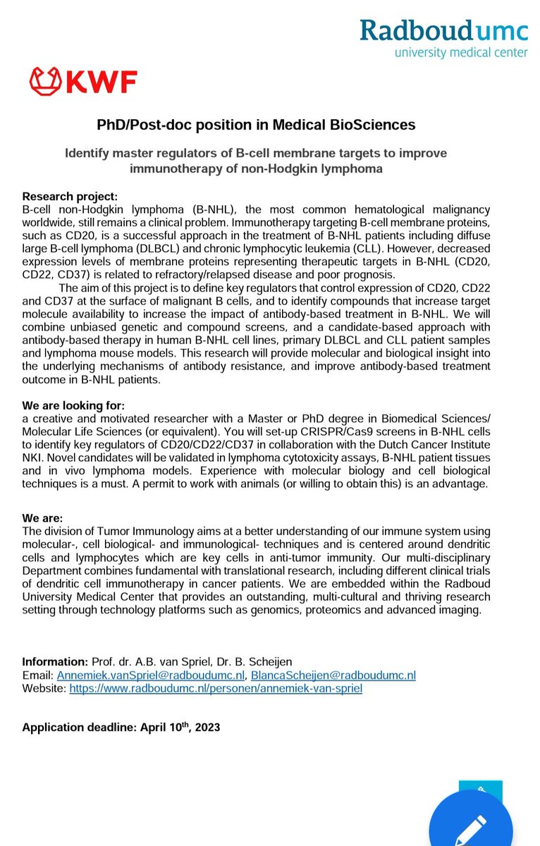 VanSprielLab (@vanspriellab) on Twitter photo We have 2 research positions (PhD student/ Post-doc) available to investigate antibody-based immunotherapy of B-cell lymphoma!
Please retweet🙏
<a href="/radboudumc_weet/">Radboudumc wetenschap</a>
<a href="/radboudumc/">Radboudumc</a>
<a href="/DsiNvvi/">NVVI Dutch Society for Immunology</a>
<a href="/TIL_Radboudumc/">Tumor Immunology Radboudumc Nijmegen Netherlands</a>
<a href="/dgfi_org/">DGfI - dgfi.org</a> We have 2 research positions (PhD student/ Post-doc) available to investigate antibody-based immunotherapy of B-cell lymphoma!
Please retweet🙏
<a href="/radboudumc_weet/">Radboudumc wetenschap</a>
<a href="/radboudumc/">Radboudumc</a>
<a href="/DsiNvvi/">NVVI Dutch Society for Immunology</a>
<a href="/TIL_Radboudumc/">Tumor Immunology Radboudumc Nijmegen Netherlands</a>
<a href="/dgfi_org/">DGfI - dgfi.org</a>