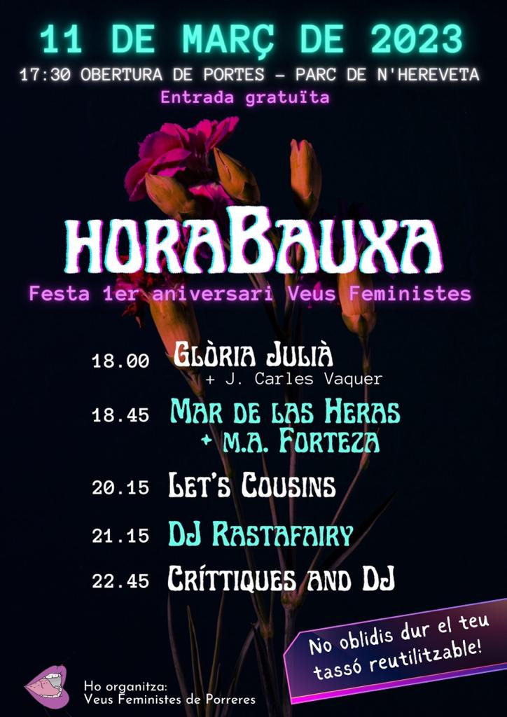 🟣 Sí, sí, ho heu llegit bé! Veus Feministes organitzam es primer horabauxa feminista a Porreres amb motiu del primer aniversari de l’associació i pel 8M. Hi haurà música en directe 🎸, dj’s 🎧i molta bauxa 🎊! 

Vendreu a passar un horabaixa agradable amb noltros❓😉💜