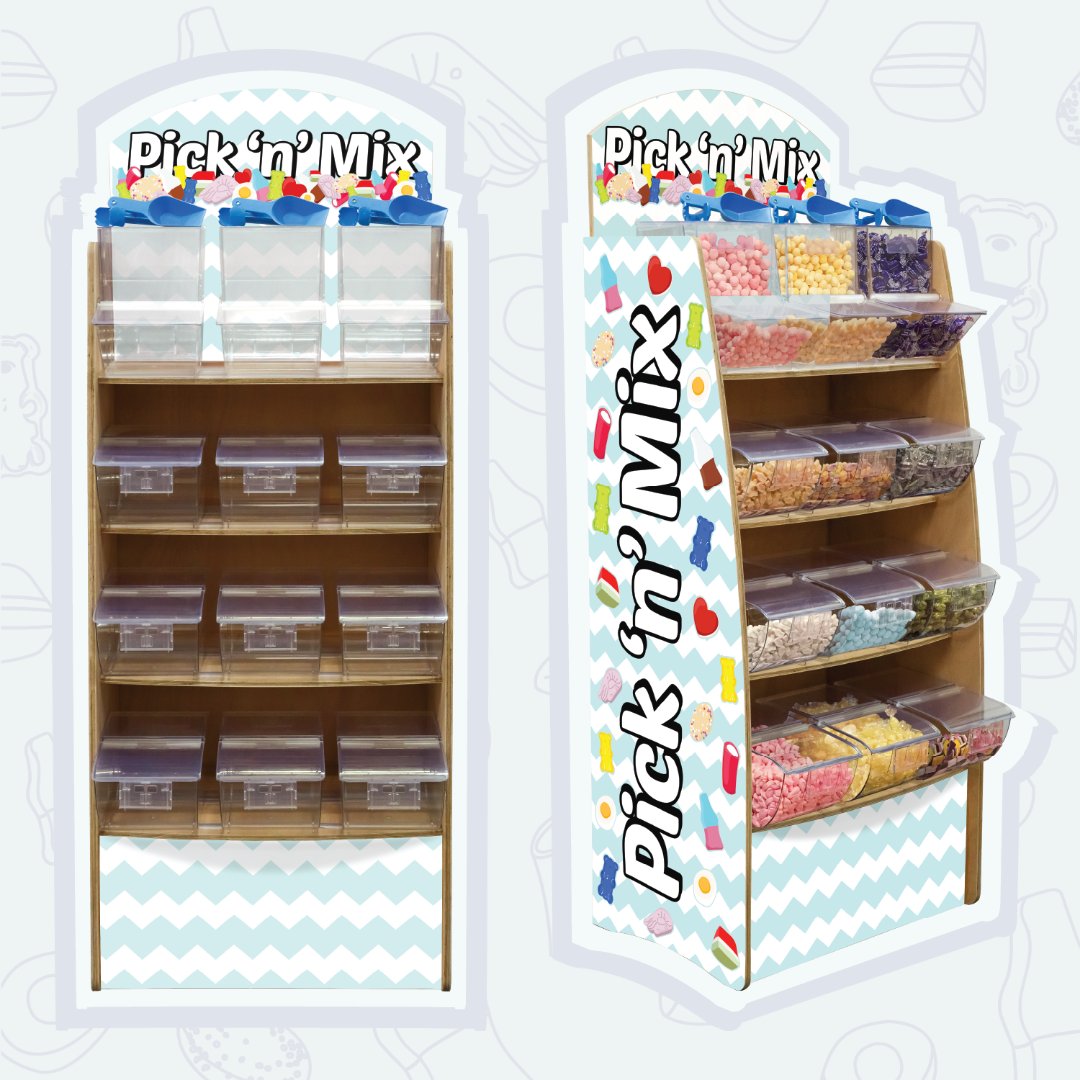 LtdEml's tweet photo. Checkout our sweet new launch... introducing our #bigmix pick &amp; mix stand!🍬 This 12-Bay freestanding shelving unit, comes with #zerowaste loose food dispensers &amp; is manufactured in the UK from #sustainablysourced FSC certified plywood. Shop now: https://t.co/ko4hGArzyr #retail https://t.co/tLHkLgqHyT