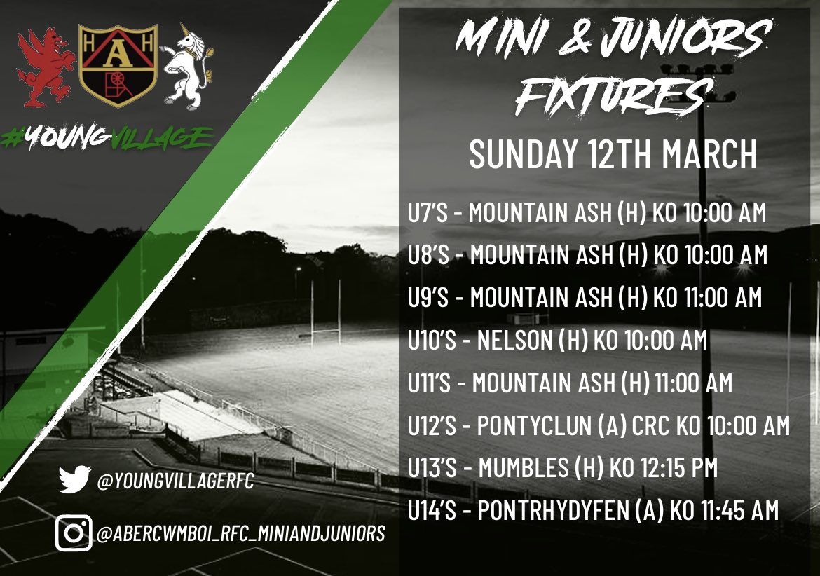 youngvillagerfc's tweet image. 7’s &amp;amp; 8’s host @MARFCJuniors &amp;amp; @NelsonRFCMJ in round robins

9’s &amp;amp; 11’s home to @MARFCJuniors 

10’s host @NelsonRFCMJ 

12’s go to @BadgersMandJ for their @CardiffRugbyCup plate quarter final

13’s host Mumbles RFC

14’s on the road to @Pontyminis  

Good luck all

#Youngvillage