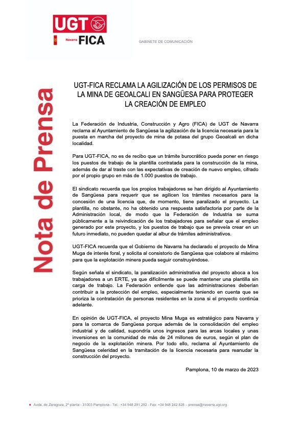 UGTFICANavarra's tweet photo. En defensa del mantenimiento y la creación de empleo UGT-FICA exige la agilización de los tramites para la construcción de Mina Muga https://t.co/EvEsGqQizy