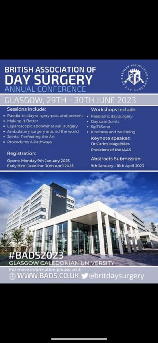 Attention all involved with day surgery. Exciting conference in Glasgow.Further details below.GR8 opportunity to submit work from your dept too 👍🤓👌<a href="/WestOfScotland1/">WOSSA</a> <a href="/qeuhanaesthesia/">QEUH Department of Anaesthesia, Glasgow, UK</a> <a href="/GRISurgery_Ed/">GRI Surgery Education</a> <a href="/grisurgery/">Surgery Glasgow Royal Infirmary</a> <a href="/RAHSurgery/">RAH Surgery</a> <a href="/britdaysurgery/">BADS</a> <a href="/Payne_Chris_J/">Chris Payne</a>