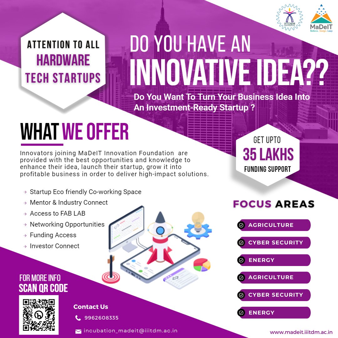 Attention Innovators &amp; Entrepreneurs...

Do you have an Innovative Idea ??
Are you looking for Funding Support ??

Here is an Exciting Opportunity !!!!

Apply Now : bit.ly/madeitincubati…

#idea #innovation #callforincubation #entrepreneurship #callforidea #madeit #iiitdm