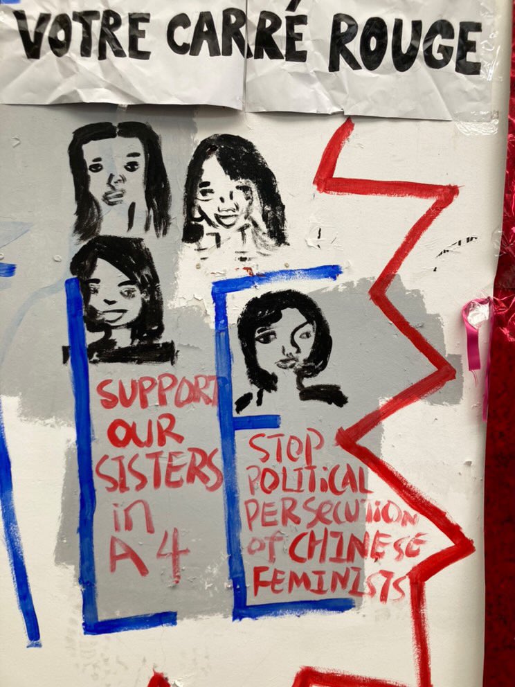 feminist38's tweet photo. 【照片100】巴黎妇女节游行现场，女权主义者以墙绘和标语的形式呼吁关注白纸运动被捕女性 #supportoursisters #3·8声援白纸运动被捕女青年 https://t.co/9GawSB4eby