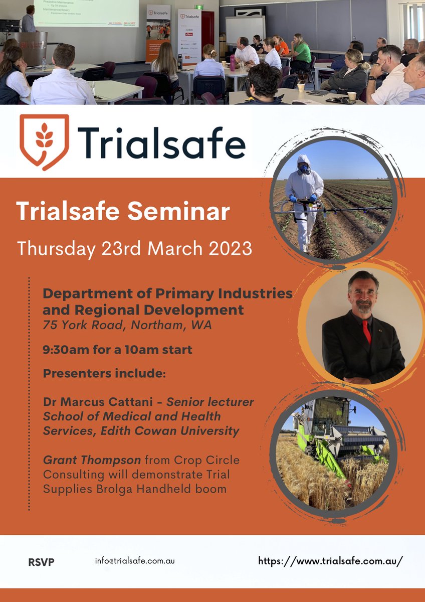 Our WA Trialsafe seminar is happening this month!

Visit our website to register now ✍️

#trialsafe #agsafety #whs #agresearch @trialsupplies @mpscattani @grantcropcircl1