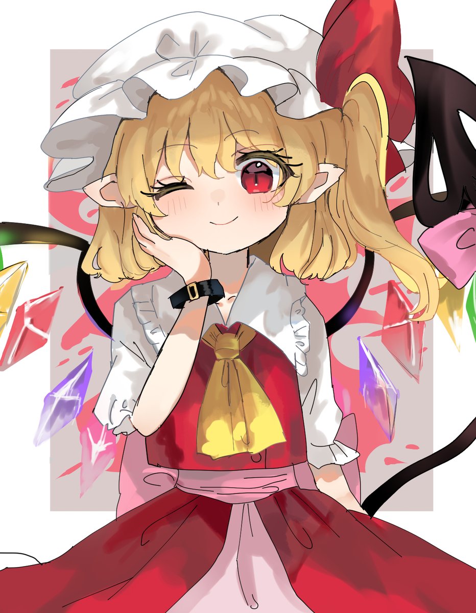 flandre scarlet 1girl hat solo blonde hair wings one eye closed mob cap  illustration images