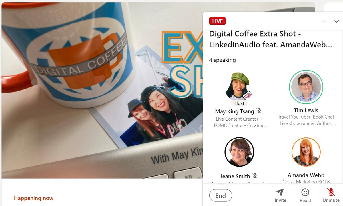 MayKingTea's tweet photo. We're on #linkedinaudio and discussing this week's latest news including:

Facebook Reels. Yup! @Meta Reels is a thing + @Ileane explains why this is great for business

with @StonehamPress @Spiderworking
🙏also for recording @PocketVidSchool 
🙏for joining @EmaPirciu @AngusGrady https://t.co/gorNzwlsMz