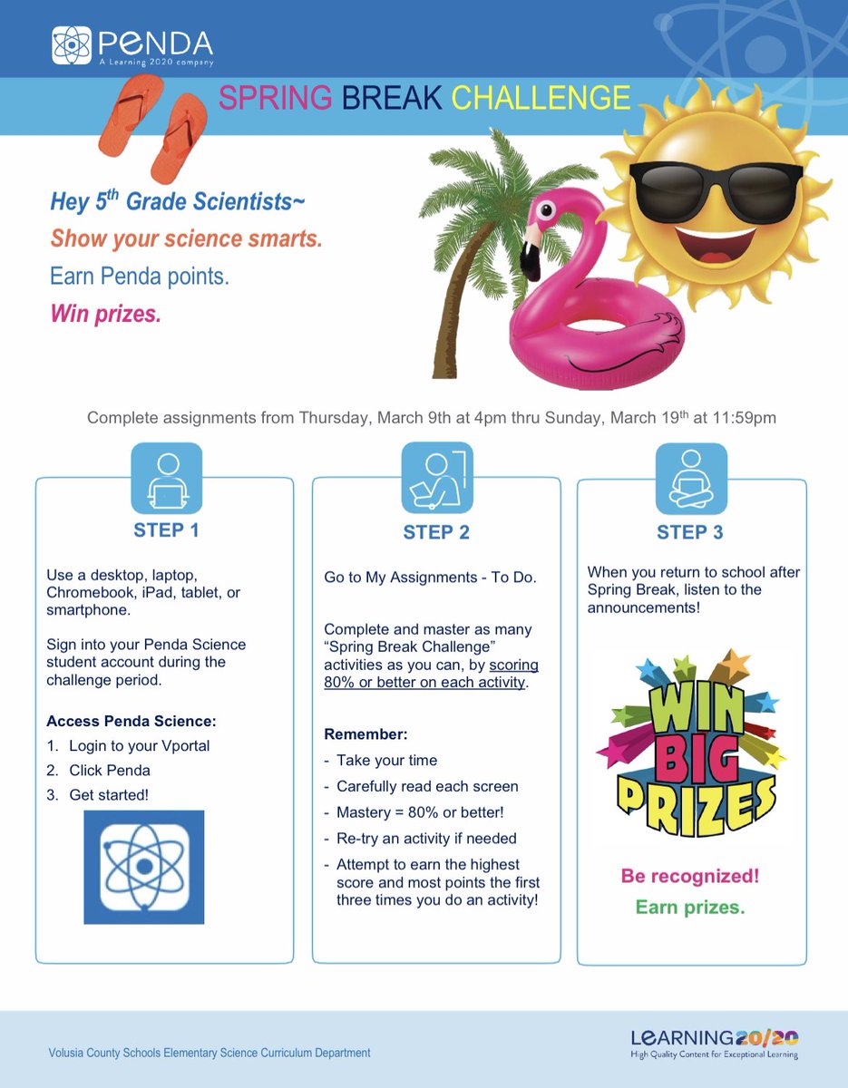 Hey 5th Grade Scientists—the Penda Spring Break Challenge has started! The top student in the district will receive a big prize!! The top Freedom 5th grader from each class will earn Pizza with the Principal &amp; all students that participate will have an ice pop at recess on 3/22!