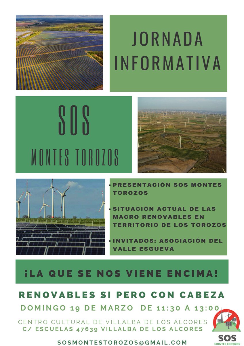 SosTorozos's tweet photo. ⚠️ ¡ATENCION!⚠️
🔊JORNADA INFORMATIVA SOBRE LA PROBLEMÁTICA DE LAS MACRO RENOVABLES EN LOS TOROZOS‼️
✍️Os animamos a todo el mundo a que vengáis y participéis
🗓️ DOMINGO 19 DE MARZO
📍CENTRO CULTURAL VILLALBA DE LOS ALCORES
C/ Escuelas, 47639, Villalba de los Alcores https://t.co/g5e4zyg1ym