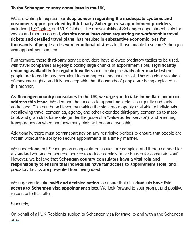 MertKra88515747's tweet image. We believe that Schengen country consulates in the United Kingdom have a vital role and responsibility to ensure that individuals have fair access to appointment slots for UK Residents. Please read this #openletter #SchengenVisa
#VisaAppointment #TLSContact #VFSGlobal