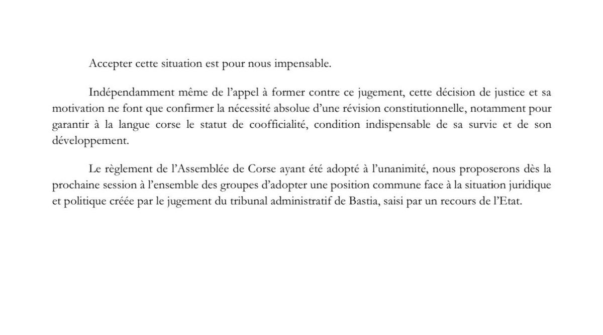 Gilles_Simeoni's tweet photo. Le Tribunal administratif de Bastia, saisi par l’Etat, annule les règlements intérieurs de l’Assemblée de Corse et du Conseil exécutif qui disposent que « les langues des débats sont le corse et le français » pour non-conformité à l’article 2 de la Constitution. Notre réaction ⤵️ https://t.co/2AX5QTgIz4