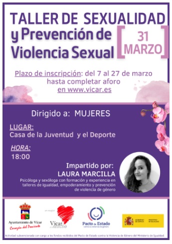 #SaludPúblicaAndalucía
Taller de Sexualidad y Prevención de Violencia Sexual
dirigido a mujeres en #VícarRELAS el 31 de marzo a las 18:00h.
Inscripciones y más información en: bit.ly/3mL0bn6
#LocalizarlaSalud <a href="/Aytovicar/">Ayuntamiento de Vícar</a> <a href="/saludand/">Consejería de Sanidad, Presidencia y Emergencias</a>