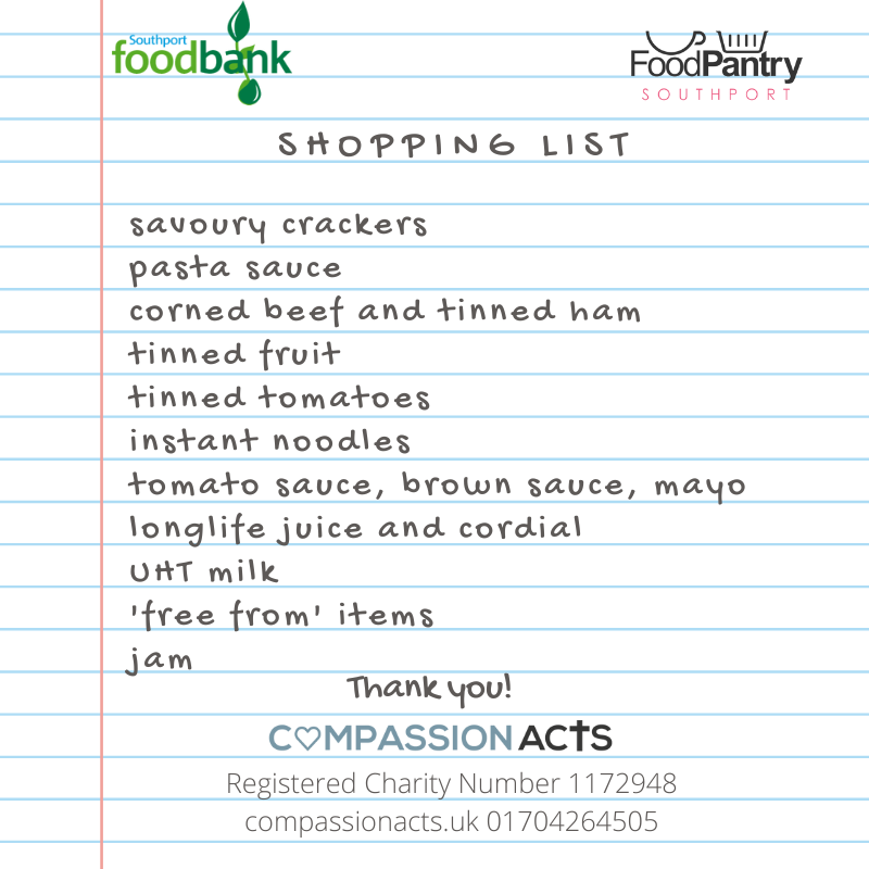 Our current shortages if you are out shopping this weekend! We also welcome financial donations which can be used to buy certain items when we run short. Visit our website for more information on all of the ways you can get involved! compassionacts.uk/get-involved/