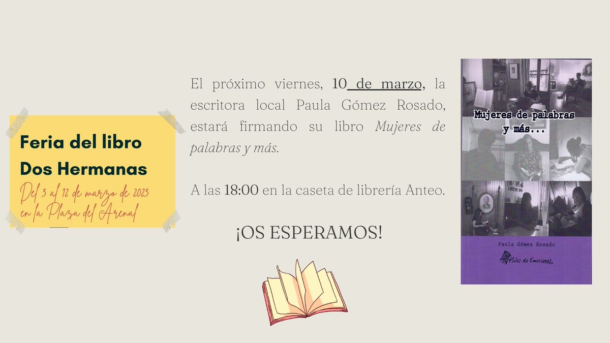 LibreriaAnteo's tweet photo. Os esperamos hoy a las 18:00 en la caseta de librería Anteo.

Paula Gómez Rosado estará con nosotros firmando su libro.

¡No te lo pierdas! https://t.co/YwAa7tWKaI