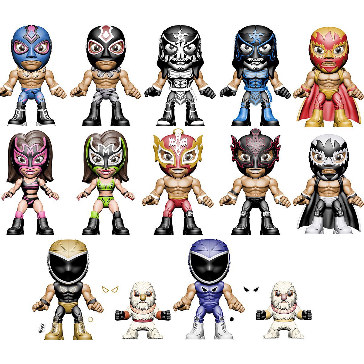 Welcome to the most adorable Lucha arena ever! 

Luchacitos feature your favorite luchadors with 5 points of articulation and 2x costume choices. 

The possible luchadors include:
Penta Zero Miedo
Rey Fenix
Konnan
Lady Maravilla
Solar
Tinieblas Jr! 

With store.realrasslin.net…