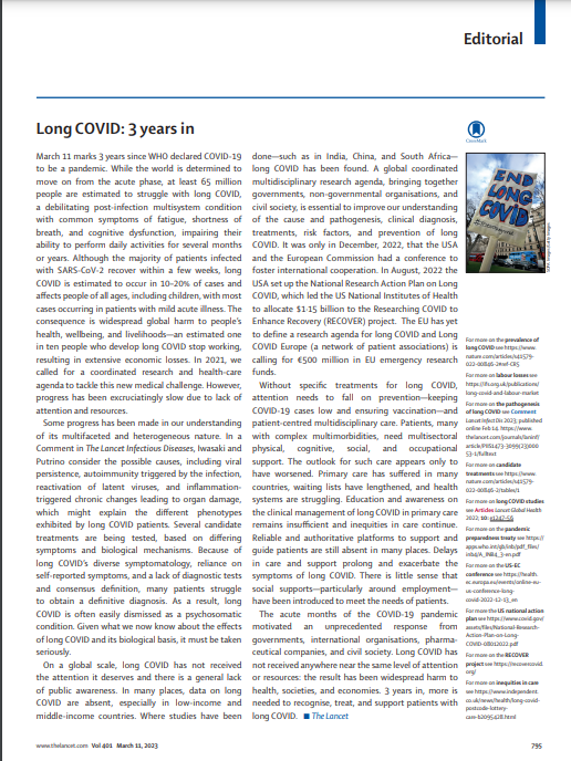 Tomorrow marks the 3rd anniversary of <a href="/WHO/">World Health Organization (WHO)</a> declaring #COVID19 a pandemic. 

"#LongCovid is often easily dismissed as a psychosomatic condition. Given what we now know about the effects of long COVID and its biological basis, it must be taken seriously...3 years in, more is needed