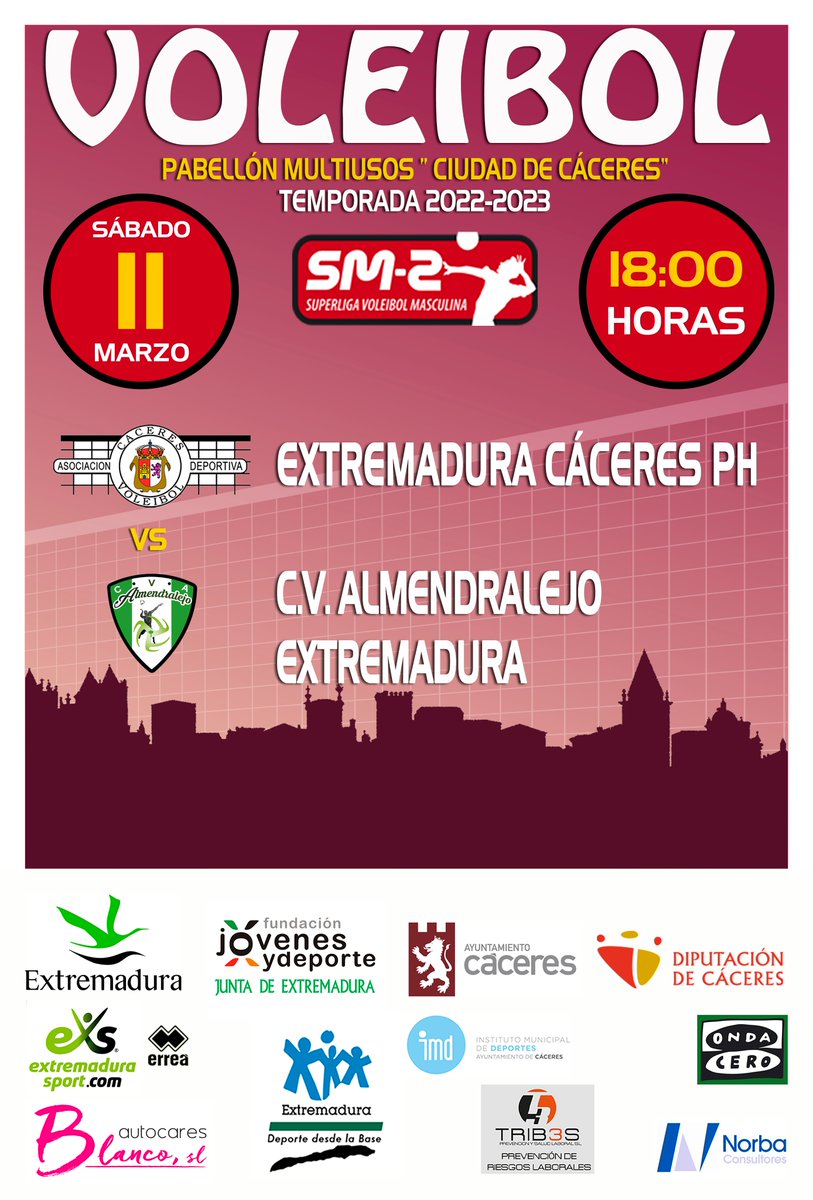 Mañana a las 18:00 hora,, derbi  en el pabellón multiusos. Extremadura Cáceres Patrimonio de la Humanidad Vs Club Voleibol Almendralejo Extremadura.  Os esperamos!!!