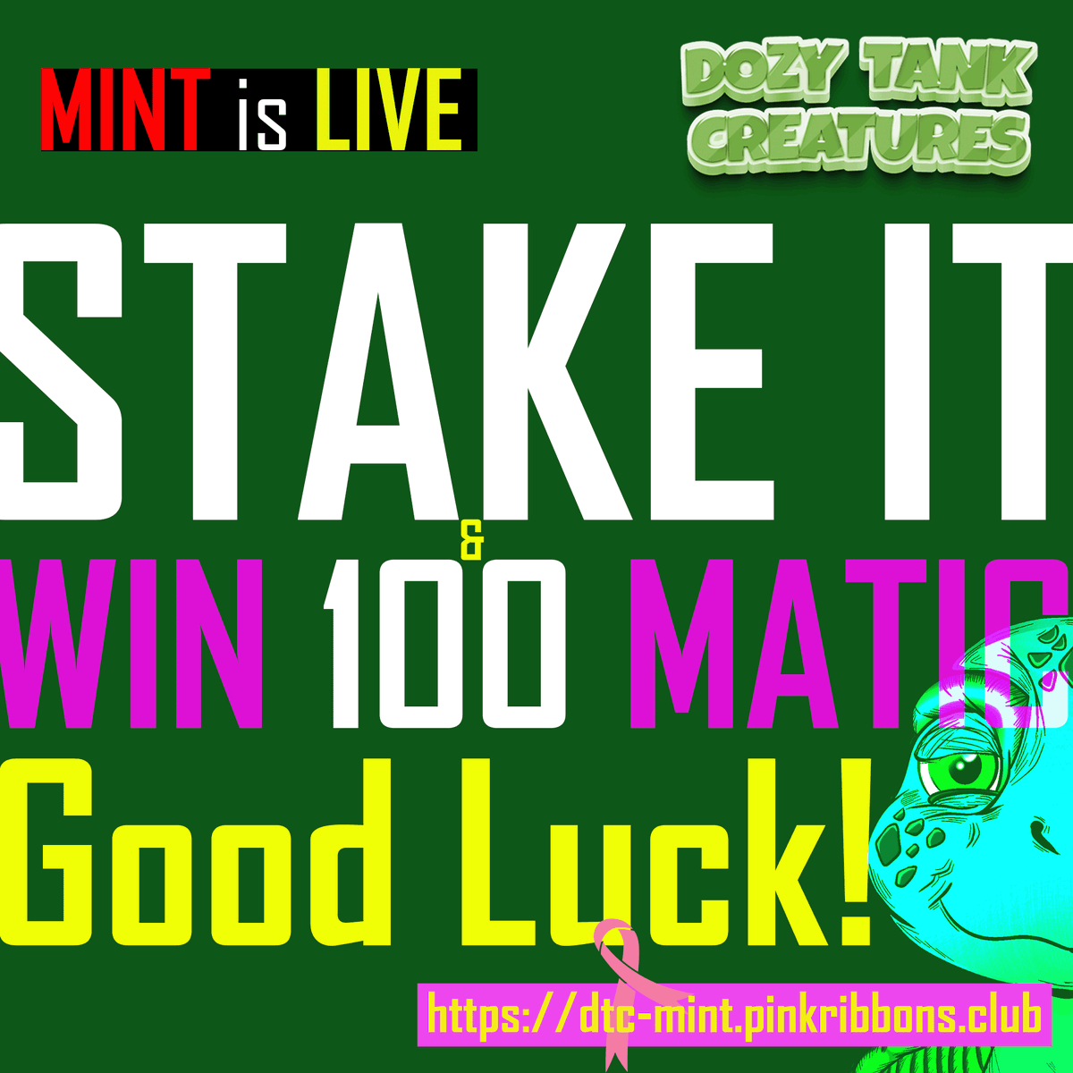 pinkribbonsclub's tweet photo. 🚨ONLY 2 DAYS LEFT!🚨
Don't miss your chance to support the fight against breast cancer and get your hands on one of our limited edition #DozyTankCreatures.
We've already reached 73 stakes and the current prize pool is 100 #MATIC  - let's keep the momentum going!
#pinkribbonsclub #breastcancerawareness #NFTcollections #NFTFam #NFTCommunity #PolygonNFTs