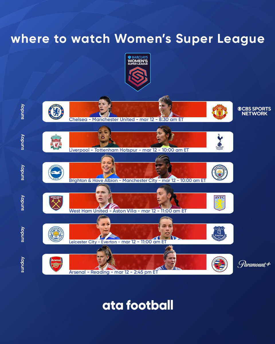 DAZN Women's Football (@daznwfootball) on Twitter photo π <a href="/ChelseaFCW/">(C)helsea FC Women πππ</a> v. <a href="/ManUtdWomen/">Manchester United Women</a> ( live on <a href="/CBSSports/">CBS Sports</a> in the USA)
π <a href="/LiverpoolFCW/">Liverpool FC Women</a> v. <a href="/SpursWomen/">Tottenham Hotspur Women</a>
π <a href="/BHAFCWomen/">Brighton & Hove Albion Women</a> v. <a href="/ManCityWomen/">Manchester City Women</a>
π <a href="/westhamwomen/">West Ham United Women</a> v. <a href="/AVWFCOfficial/">Aston Villa Women</a>
π <a href="/LCFC_Women/">LCFC Women</a> v. <a href="/EvertonWomen/">Everton Women</a>
π <a href="/ArsenalWFC/">Arsenal Women</a> v. <a href="/ReadingFCWomen/">Reading FC Women</a> (live on <a href="/paramountplus/">Paramount+</a> in the USA) π <a href="/ChelseaFCW/">(C)helsea FC Women πππ</a> v. <a href="/ManUtdWomen/">Manchester United Women</a> ( live on <a href="/CBSSports/">CBS Sports</a> in the USA)
π <a href="/LiverpoolFCW/">Liverpool FC Women</a> v. <a href="/SpursWomen/">Tottenham Hotspur Women</a>
π <a href="/BHAFCWomen/">Brighton & Hove Albion Women</a> v. <a href="/ManCityWomen/">Manchester City Women</a>
π <a href="/westhamwomen/">West Ham United Women</a> v. <a href="/AVWFCOfficial/">Aston Villa Women</a>
π <a href="/LCFC_Women/">LCFC Women</a> v. <a href="/EvertonWomen/">Everton Women</a>
π <a href="/ArsenalWFC/">Arsenal Women</a> v. <a href="/ReadingFCWomen/">Reading FC Women</a> (live on <a href="/paramountplus/">Paramount+</a> in the USA)