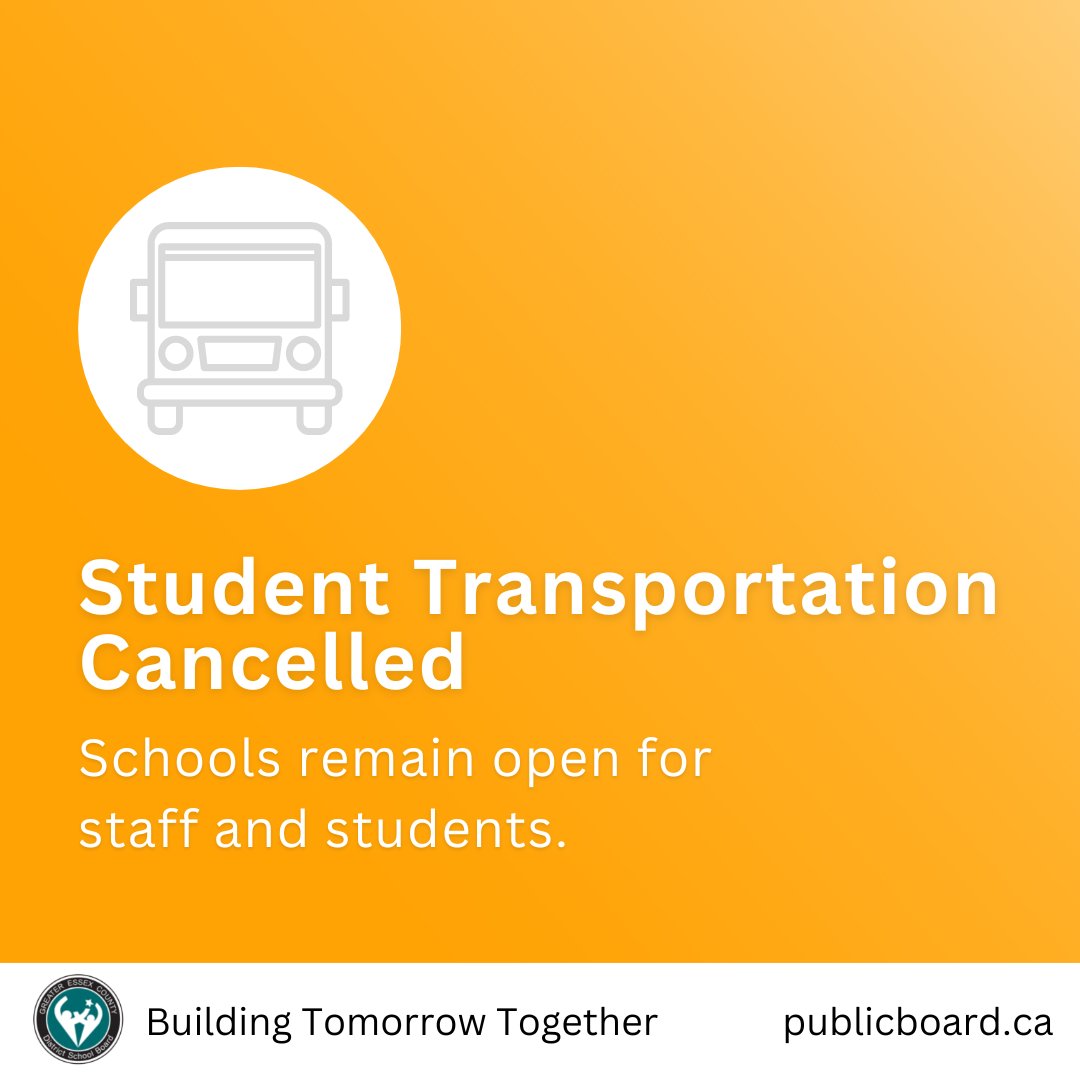 All board provided student transportation is cancelled for the morning and the afternoon in the city and the county due to inclement weather. Schools remain open for staff and students. bit.ly/3W04nLn
