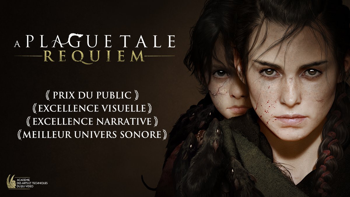 A Plague Tale (@aplaguetale) on Twitter photo A Plague Tale: Requiem a gagné hier 4 prix aux Pégases <a href="/AcademieJV/">Académie des Arts et Techniques du Jeu Vidéo</a> !
Merci énormément à toutes nos joueuses et tous nos joueurs, ainsi qu'à l'ensemble de la communauté pour ce soutien sans faille ! Encore bravo à toute l'équipe d'<a href="/AsoboStudio/">Asobo Studio ✈️🐀</a> ❤️🐀! A Plague Tale: Requiem a gagné hier 4 prix aux Pégases <a href="/AcademieJV/">Académie des Arts et Techniques du Jeu Vidéo</a> !
Merci énormément à toutes nos joueuses et tous nos joueurs, ainsi qu'à l'ensemble de la communauté pour ce soutien sans faille ! Encore bravo à toute l'équipe d'<a href="/AsoboStudio/">Asobo Studio ✈️🐀</a> ❤️🐀!