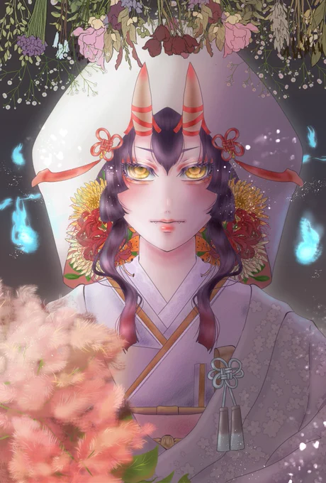 #イラスト #illustration #角  #創作鬼の嫁入りドライフラワーの白無垢撮影が可愛くて描いた〜(ちなみにスモークツリーの花束持ってる) 