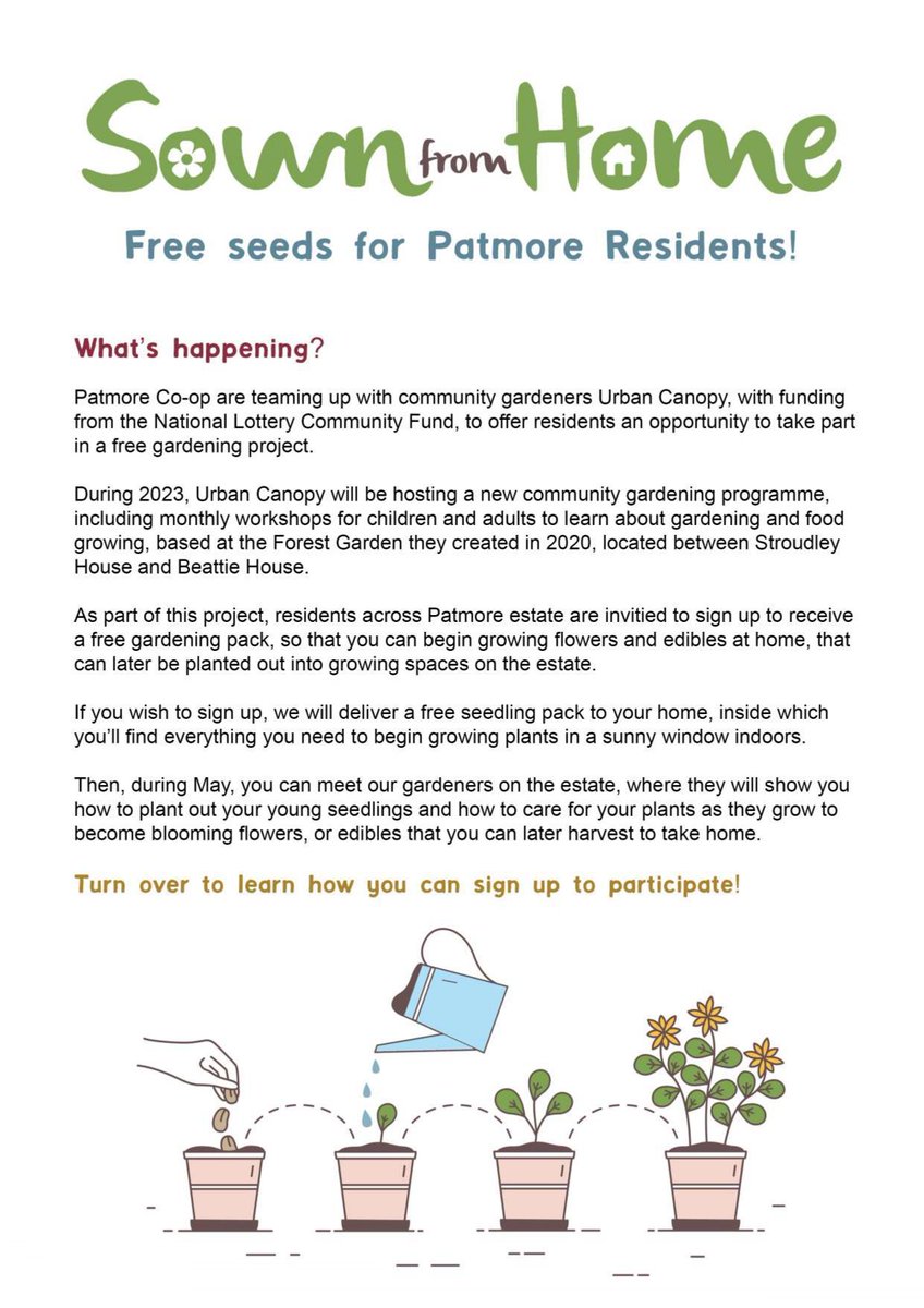 urbancanopyuk's tweet photo. We still have some free Sown from Home growing packs available for residents of @patmorecoop! Sign up via the details in the leaflet below and we'll deliver everything you need to get growing seedlings at home for free, part of our @TNLComFund gardening project on the estate 🌱💚 https://t.co/QD9NK4ee96