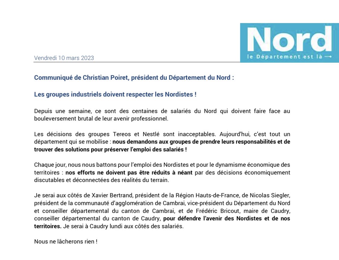Les groupes industriels doivent respecter les Nordistes ! Je serai aux côtés de <a href="/xavierbertrand/">Xavier Bertrand</a>, de @NicolasSiegler et de <a href="/BRICOUTFrdric2/">Frédéric BRICOUT</a> pour défendre l’avenir des habitants du #Nord et de nos territoires !