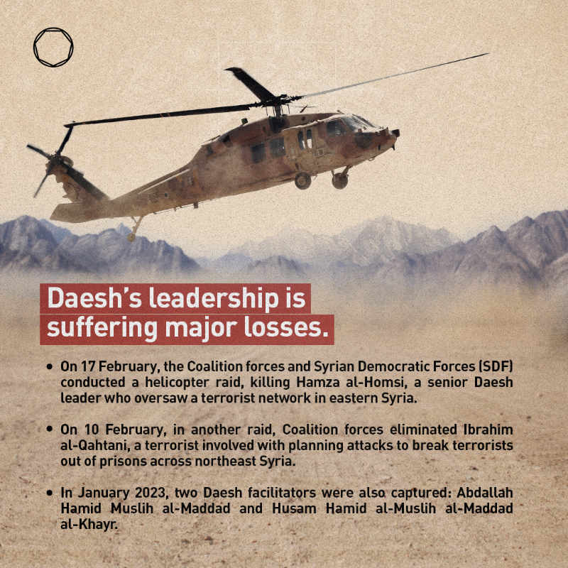 coalition's tweet photo. Daesh, unable to protect its leaders, faces relentless pressure by the @Coalition and its partners. See how recent operations have created further setbacks for the terrorist organisation:
#DefeatDaesh