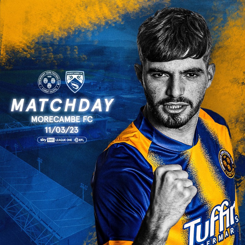 shrewsburytown's tweet photo. MATCHDAY! 💪
Morecambe at the Meadow 👊

🕒 3pm
🆚 @MorecambeFC 
🏟 Montgomery Waters Meadow

#Salop | 🔷🔶
