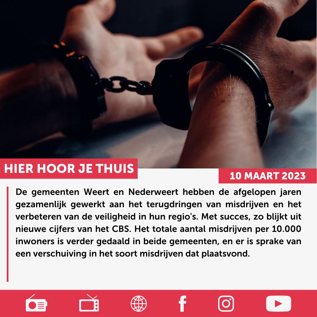 Weert en Nederweert zien verdere daling in totaal aantal misdrijven. Inspanningen van beide gemeenten leiden tot verschuivingen en positieve ontwikkeling in veiligheid.

Lees het gehele artikel via WeertFM.nl