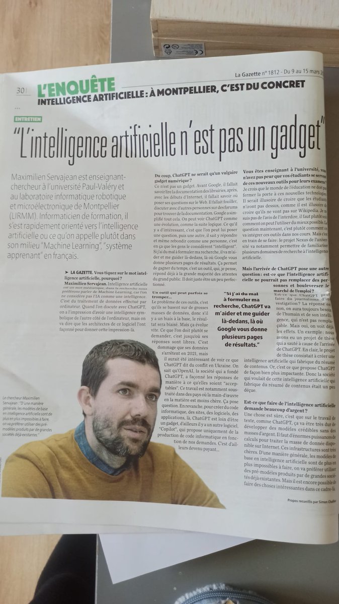 Un très intéressant avis donné par mon collègue Maximilien Servajean de <a href="/univpaulvalery/">Université de Montpellier Paul-Valéry</a> sur #ChatGPT , publié dans le numéro de @GazetteLive34 de cette semaine