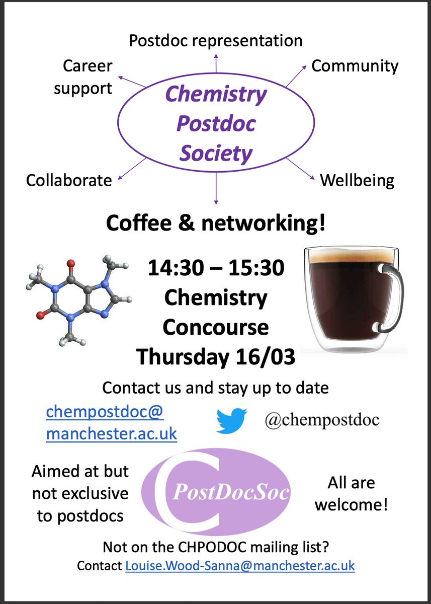 Dear Postdocs,
 
Back by popular demand, regular coffee and networking sessions.
 
Starting Thu 16/03 at 14:30 chemistry concourse. We will host the same every week, alternating between Chemistry, Dover-street and MIB. Stay tuned and look out for our posters.