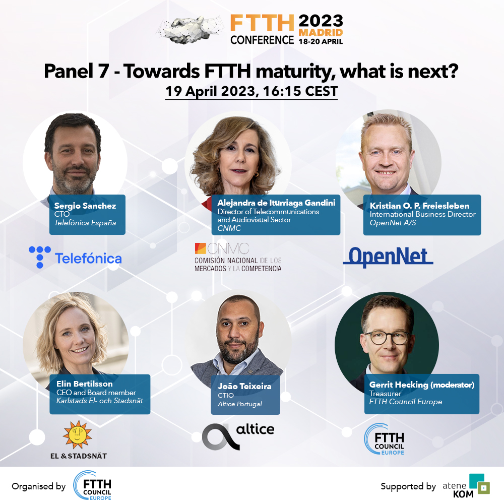 FibreCouncilEU's tweet photo. What happens when a market approaches 90% FTTH coverage? What are the following goals and challenges as all stakeholders adjust to a new paradigm? Join this thought-provoking discussion on the future of the European FTTH industry as we progress toward full-fibre coverage

#FTTH23 https://t.co/DT4IMBhGj3