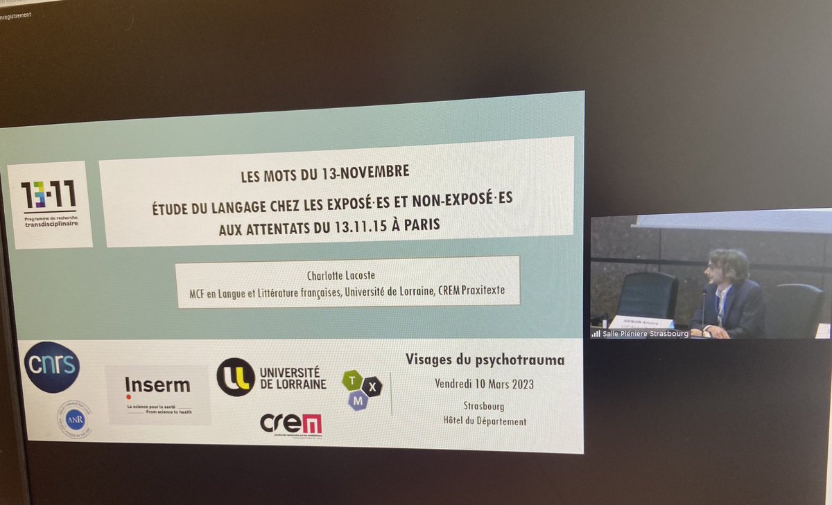 Une très belle matinée autour des visages du psychotrauma qui se poursuit avec « les mots du 13 novembre » ⁦<a href="/CRPGrandEst/">Centre Psychotrauma Grand Est</a>⁩ ⁦<a href="/JulieRolling67/">Julie Rolling</a>⁩ ⁦<a href="/AmauryMengin/">Amaury Mengin</a>⁩ ⁦<a href="/CN2R_France/">Centre national de ressources et de résilience</a>⁩