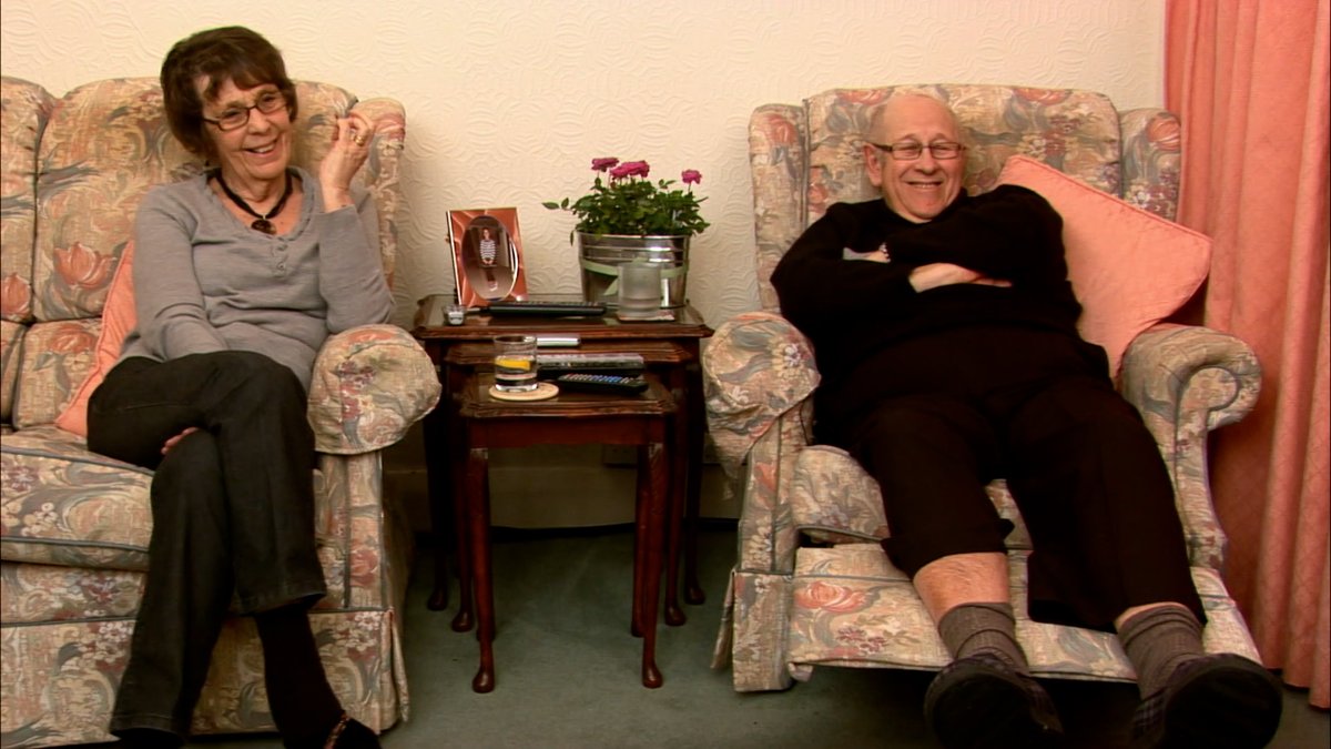 Channel4's tweet photo. A still taken from Series 1, Episode 1 of Gogglebox, which aired on Thursday 7th March 2013. RIP to the absolute icons that are Leon &amp; June ❤️ #Gogglebox10Years https://t.co/Np3RGv2NZh