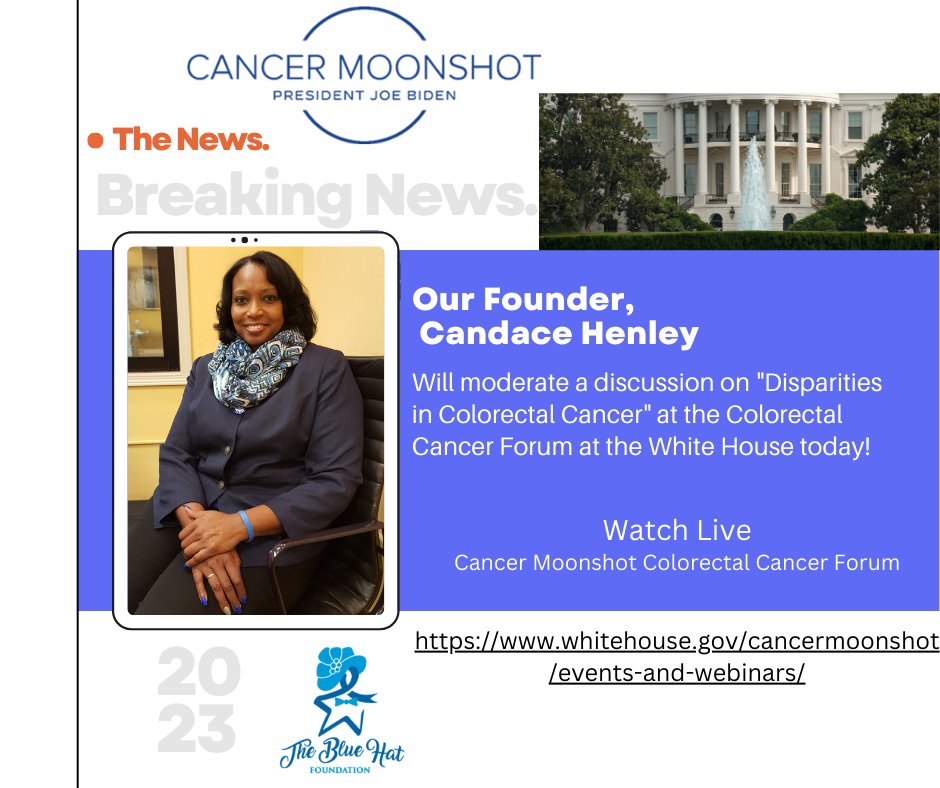 We are excited! Our Founder, Candace Henley will moderate the discussion "Addressing Disparities in Colorectal Cancer" at the White House Colorectal Cancer Moonshot Forum with other groups today! #CancerMoonshot 
Watch Live at 3p (ET) / 2p (CT) whitehouse.gov/cancermoo.../e…