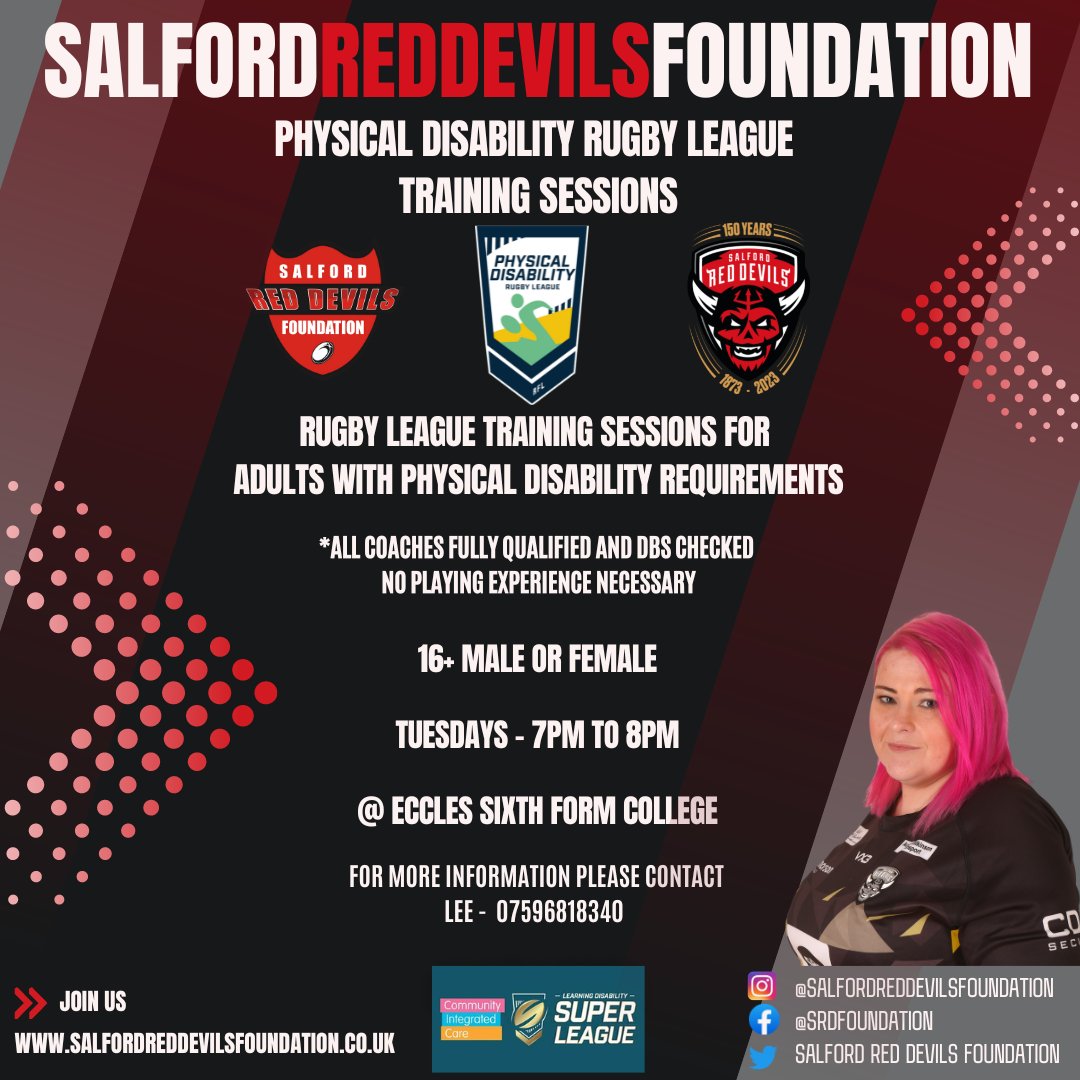 👹 PDRL at <a href="/SalfordDevils/">Salford Red Devils 👹</a>!

Our Physical Disability Rugby League team are training every Tuesday down at <a href="/EcclesSFCollege/">Eccles Sixth Form College</a> from 7pm to 8pm

You do not need any previous experience to attend and will be coached by our fantastic fully qualified team!

💪 #TogetherStronger | 🔴👹