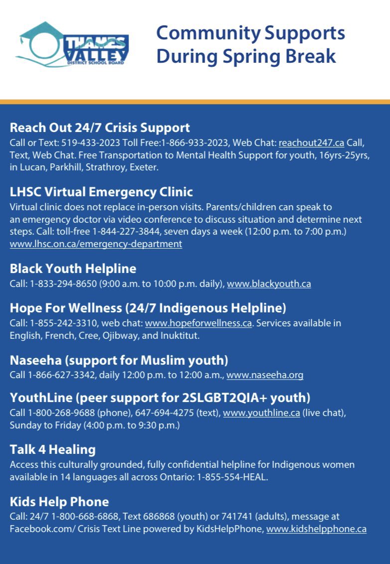 March Break is next week! <a href="/oxbow/">oxbow</a> &amp; <a href="/TVDSB/">Thames Valley DSB</a> we recognize that a change in routine or disconnection from social supports can be difficult. We encourage everyone feeling distress to reach out to community mental health supports available throughout the year <a href="/TVDSBcares/">TVDSB Mental Health</a>